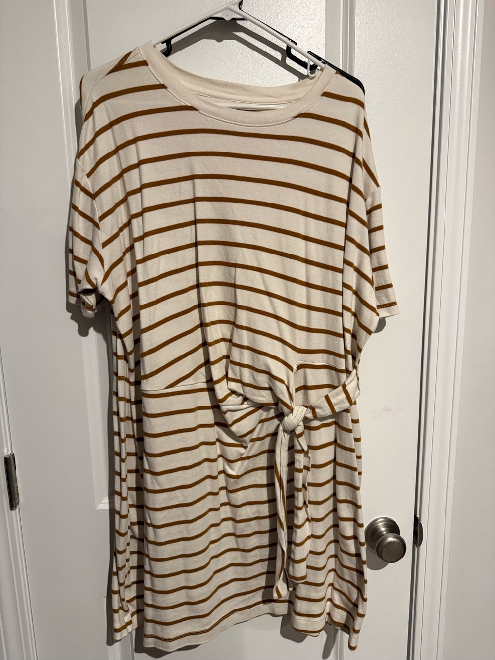 Terra & Sky Cream and Tan Striped Midi Dress with Front Knot